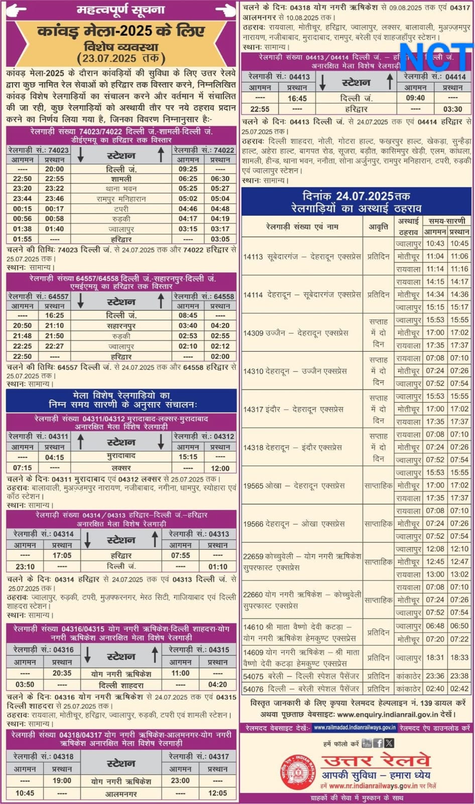 उत्तर रेलवे की विशेष रेल व्यवस्थाएँ, कांवड़ मेला 2025 श्रद्धालुओं को मिलेगी बड़ी राहत