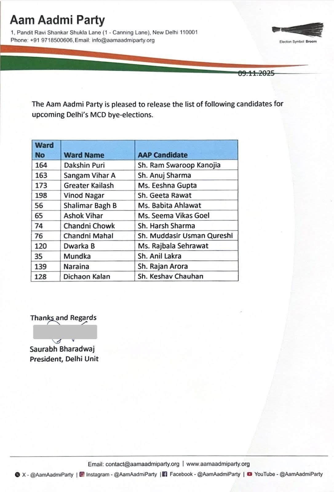 दिल्ली एमसीडी उपचुनाव: आम आदमी पार्टी ने घोषित की उम्मीदवारों की सूची, 12 वार्डों से उतारे प्रत्याशी